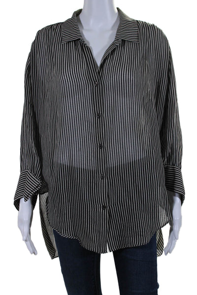 Halston Womens Long Sleeve Striped Collared Button Down Shirt Black Small