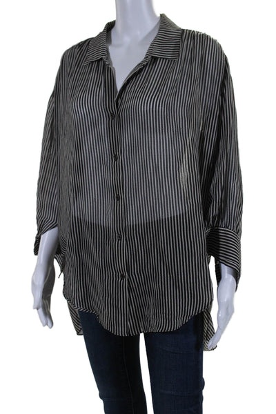 Halston Womens Long Sleeve Striped Collared Button Down Shirt Black Small