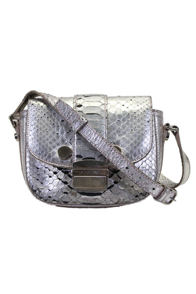 Jason Wu Womens Metallic Snakeskin Push Lock Flap Closure Crossbody Silver