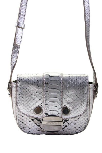 Jason Wu Womens Metallic Snakeskin Push Lock Flap Closure Crossbody Silver