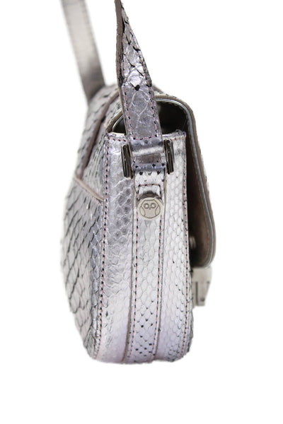 Jason Wu Womens Metallic Snakeskin Push Lock Flap Closure Crossbody Silver