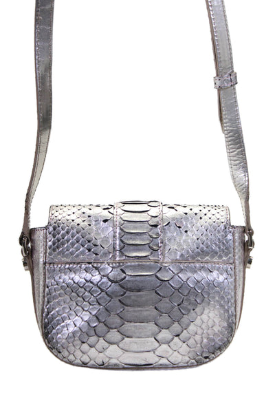 Jason Wu Womens Metallic Snakeskin Push Lock Flap Closure Crossbody Silver