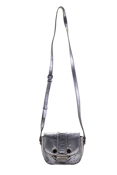 Jason Wu Womens Metallic Snakeskin Push Lock Flap Closure Crossbody Silver