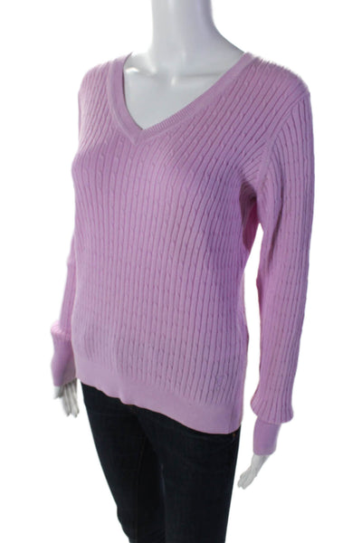 Golfino Womens Long V Neck Embroidered Tight Knit Sweater Pink Size Small