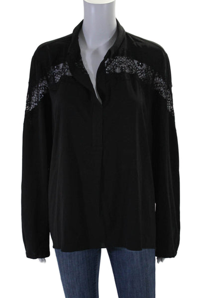 T Tahari Women's Collared V-Neck Lace Trim Long Sleeves Blouse Black Size L