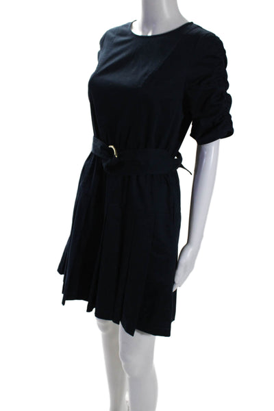 Shoshanna Womens Navy Elastic Waist Short Sleeve Pleated Shift Dress Size 4