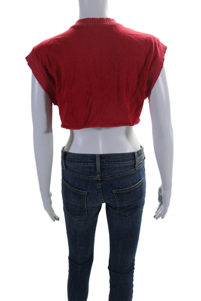 Cotton Citizen Womens Cotton Ribbed Trim Sleeveless V-Neck Crop Top Red Size XS