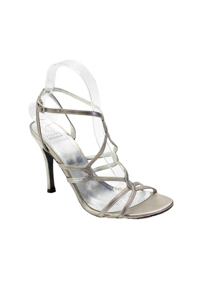 Stuart Weitzman Womens Stiletto Strappy Sandals Silver Tone Leather Size 7.5