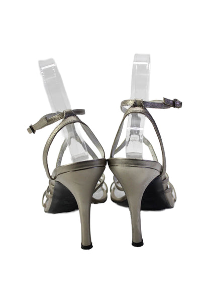 Stuart Weitzman Womens Stiletto Strappy Sandals Silver Tone Leather Size 7.5