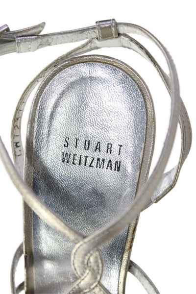 Stuart Weitzman Womens Stiletto Strappy Sandals Silver Tone Leather Size 7.5