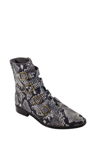 J Crew Womens Side Zip Quadruple Buckle Snake Print Boots Gray Leather Size 6.5