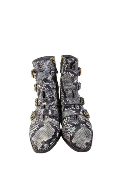 J Crew Womens Side Zip Quadruple Buckle Snake Print Boots Gray Leather Size 6.5