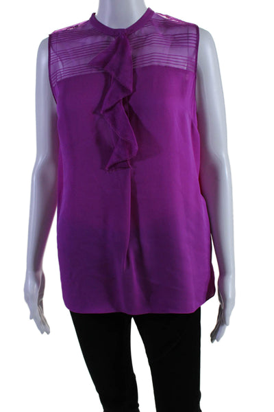 Elie Tahari Womesn Silk Sleeveless Button Up Ruffle Purple Size S