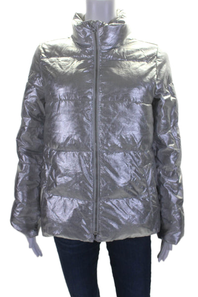 J Crew Womens Texture Shiny Long Sleeve Hood Metallic Puffer Jacket Silver Size