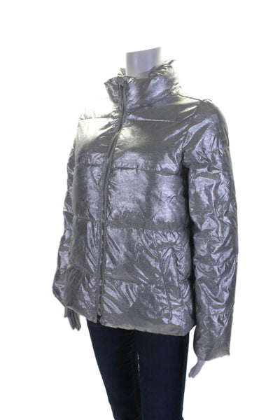 J Crew Womens Texture Shiny Long Sleeve Hood Metallic Puffer Jacket Silver Size