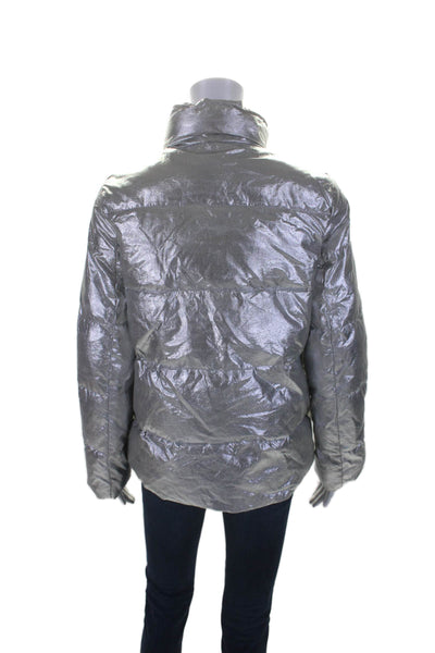 J Crew Womens Texture Shiny Long Sleeve Hood Metallic Puffer Jacket Silver Size