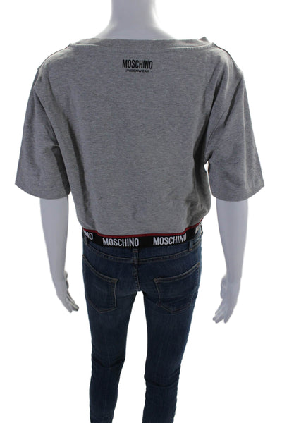 Moschino Womens Cotton Short Sleeve Boat Neck Crop Shirt Top Heather Gray Size M