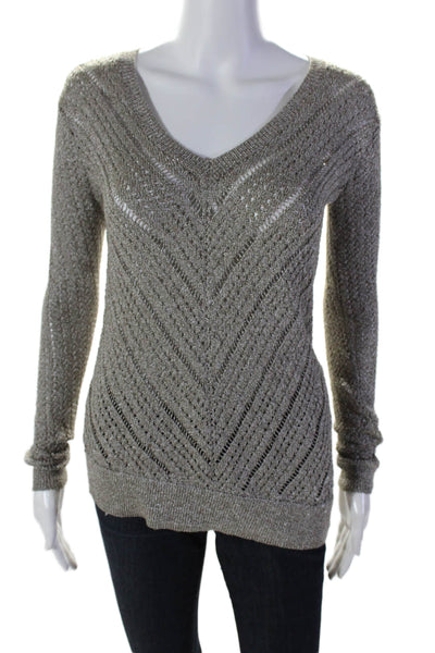 BCBGMAXAZRIA Womens Silver Open Knit V-neck Pullover Sweater Top Size XS