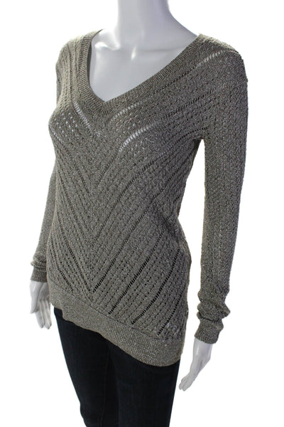 BCBGMAXAZRIA Womens Silver Open Knit V-neck Pullover Sweater Top Size XS