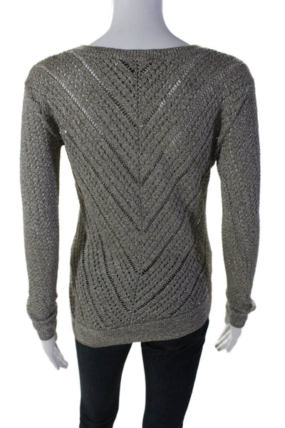 BCBGMAXAZRIA Womens Silver Open Knit V-neck Pullover Sweater Top Size XS