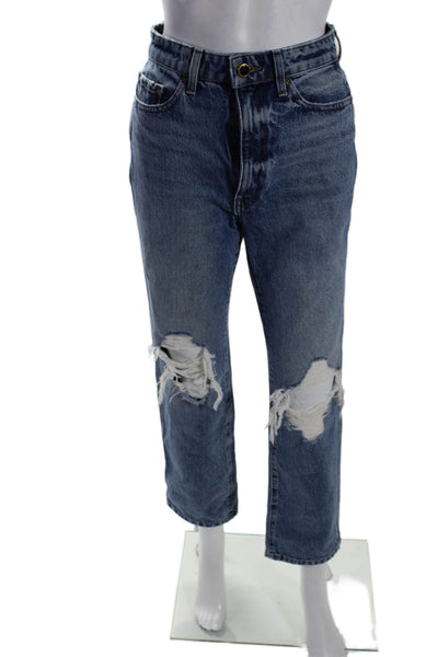 Khaite Womens Zipper Fly High Rise Distressed Straight Leg Jeans Blue Size 25