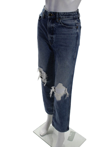 Khaite Womens Zipper Fly High Rise Distressed Straight Leg Jeans Blue Size 25