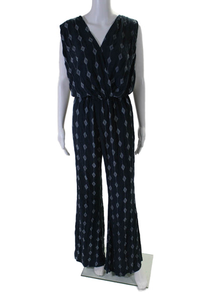 Cindi Gindi Womens Diamond Print V Neck Sleeveless Jumpsuit Navy Blue Size Small