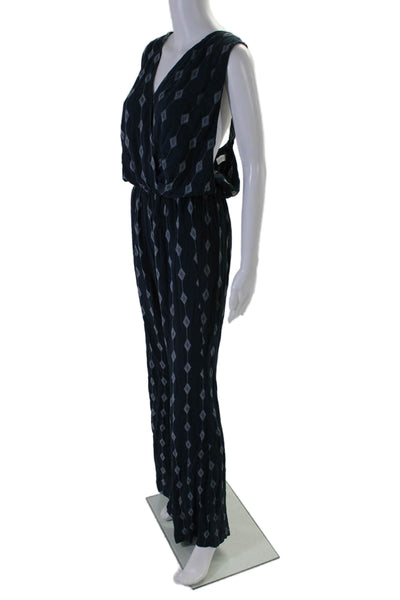 Cindi Gindi Womens Diamond Print V Neck Sleeveless Jumpsuit Navy Blue Size Small