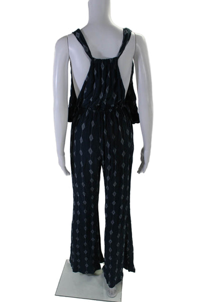 Cindi Gindi Womens Diamond Print V Neck Sleeveless Jumpsuit Navy Blue Size Small