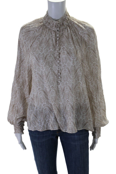 Intermix Women's High Neck Long Sleeves Half Button Blouse Beige Size 8