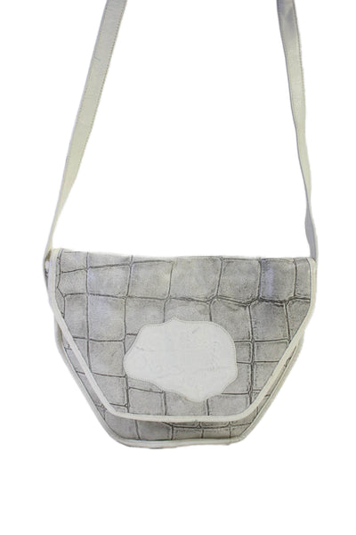 Carlos Falchi Womens Leather Crocodile Print Shoulder Handbag Gray White