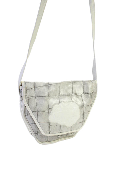 Carlos Falchi Womens Leather Crocodile Print Shoulder Handbag Gray White