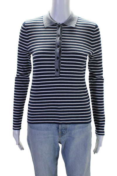 Madewell Womens Blue Striped Ribbed Long Sleeve Polo Sweater Top Size M