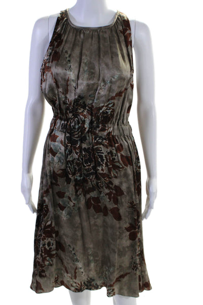 Etro Womens Silk Floral Print Round Neck Sleeveless Maxi Dress Taupe Size 46