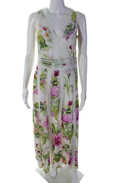 Socapri Womens Silk Floral Print V-Neck Sleeveless A-Line Dress White Size 40