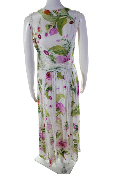 Socapri Womens Silk Floral Print V-Neck Sleeveless A-Line Dress White Size 40