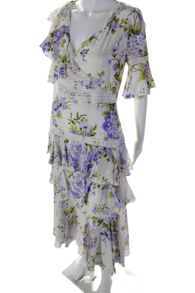 Socapri Womens Silk Floral Print Ruffled Long Tiered Dress White Purple Size 40