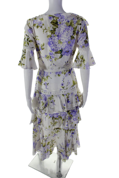 Socapri Womens Silk Floral Print Ruffled Long Tiered Dress White Purple Size 40