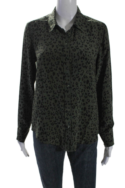 Rails Womens Silk Long Sleeve Animal Print Button Down Blouse Green Size S