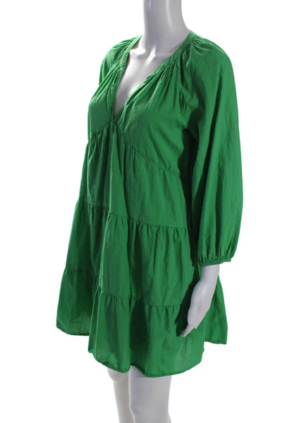 Xirena Womens Long Sleeve V Neck Knee Length Dress Green Cotton Size Small