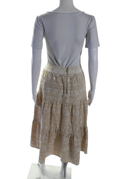 Alice + Olivia Womens Back Zip Midi Embroidered A Line Skirt Beige White Size 6