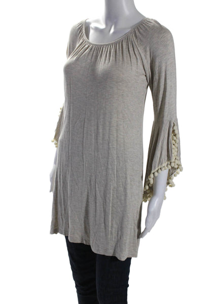 Patti Biggs Womens Jersey Boat Neck Pom Pom Long Sleeve Tunic Top Beige Size M