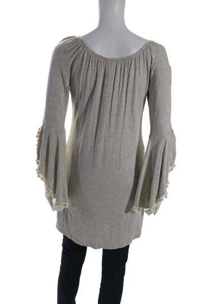 Patti Biggs Womens Jersey Boat Neck Pom Pom Long Sleeve Tunic Top Beige Size M