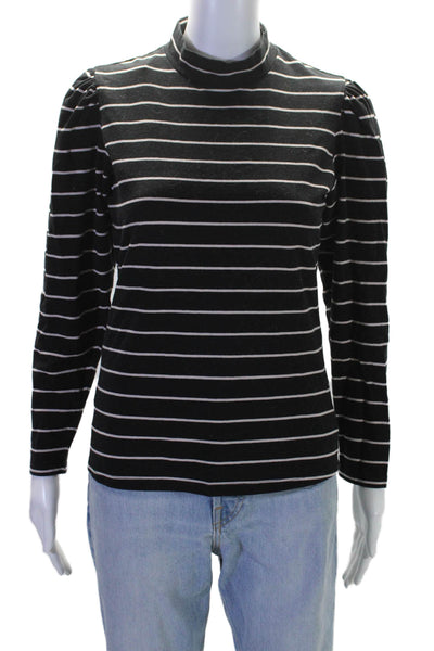 La Vie Womens Cotton Striped Print Long Sleeve Mock Neck Top Black Size S