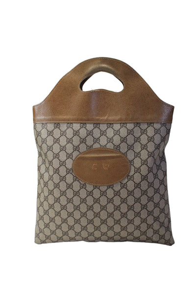 Gucci Womens Double Handle Leather Trim Monogram Canvas Vintage Handbag Brown