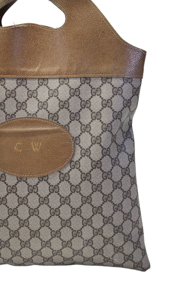 Gucci Womens Double Handle Leather Trim Monogram Canvas Vintage Handbag Brown