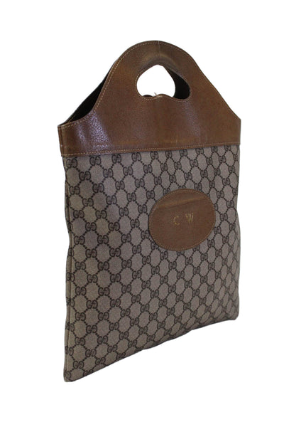 Gucci Womens Double Handle Leather Trim Monogram Canvas Vintage Handbag Brown