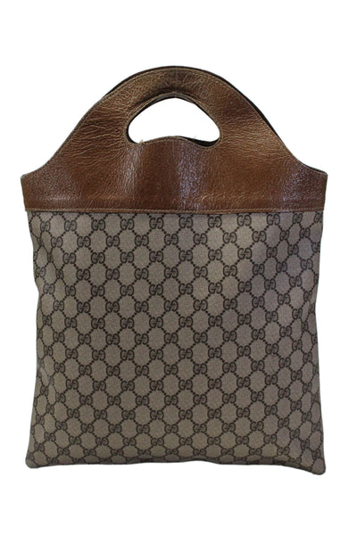 Gucci Womens Double Handle Leather Trim Monogram Canvas Vintage Handbag Brown