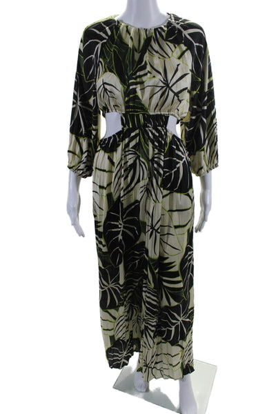 Zara Womens Long Sleeve Botanical Print Wide Leg Cutout Jumpsuit Green Size S