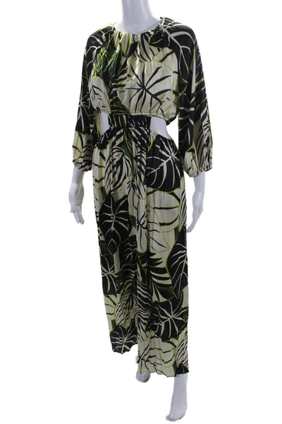 Zara Womens Long Sleeve Botanical Print Wide Leg Cutout Jumpsuit Green Size S